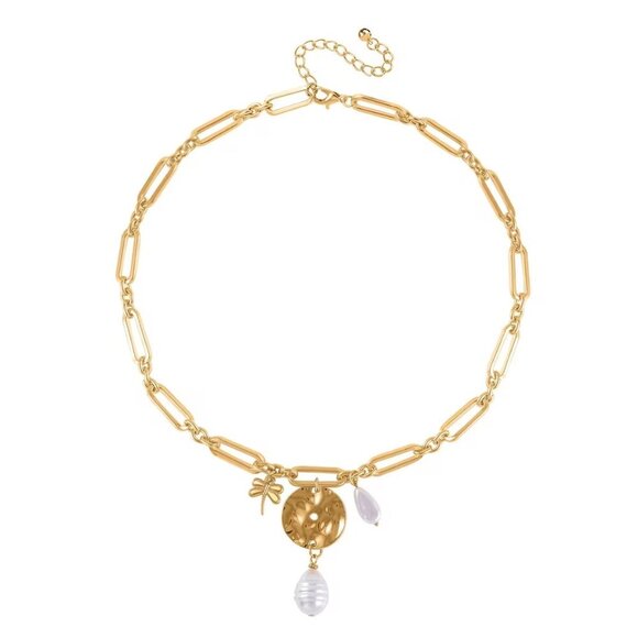 Simulated Pearl Necklace Paper Clip Chain Dragonfly Design in Goldtone - Picture 1 of 3